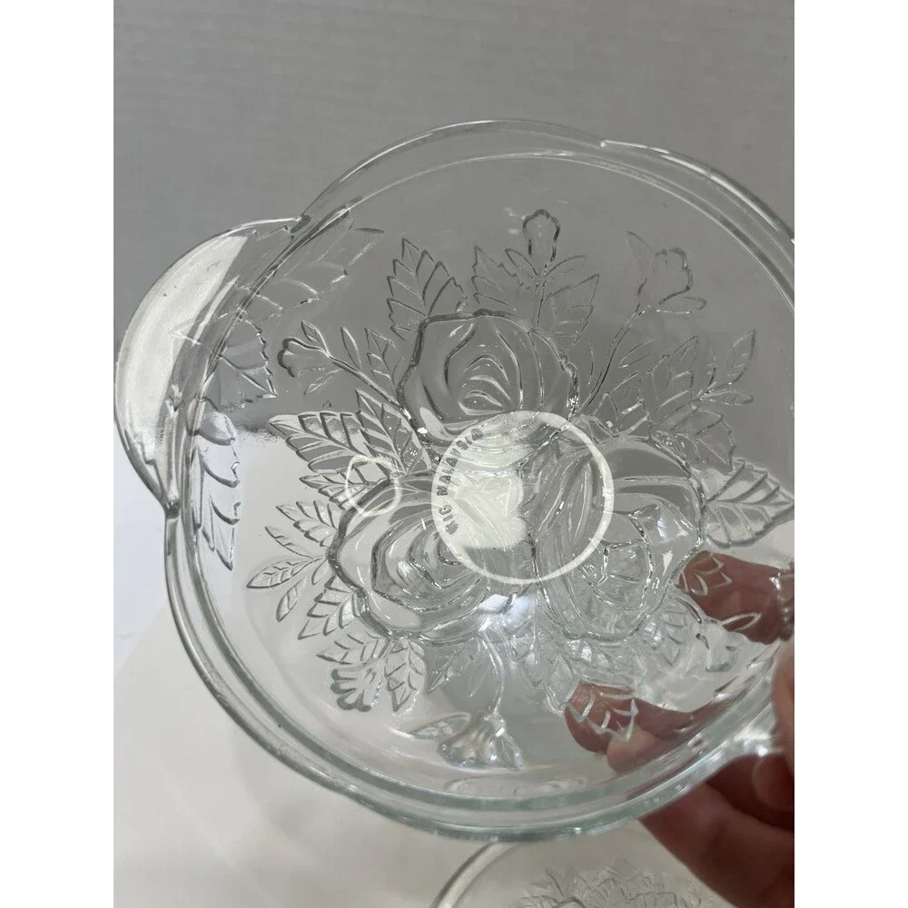 Vintage Pressed Roses Glass Candy  Dish Jar Lid 5 1/2” Underplate Frosted 8”
